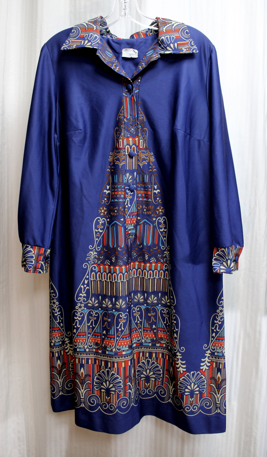 Vintage 70's - Lorac Original / Lady Carol - Blue w/ Folk Print A-Line Dress _ See Measurements 21