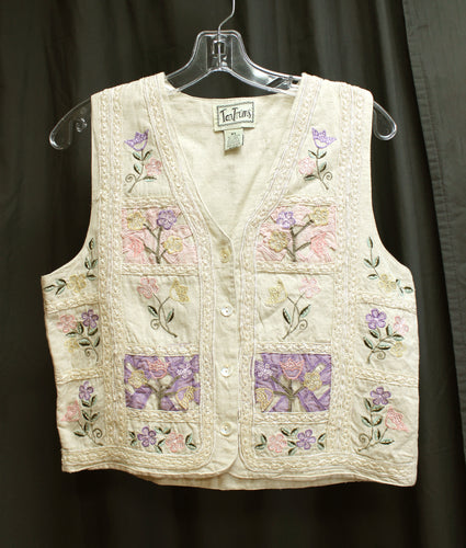 Vintage - Tantrums - Adorable Cotton/Linen Patchwork Embroidered & Applique Floral Vest - Size Petite Small