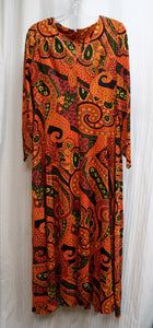 Vintage 70's - Long Sleeve, V-Neck Burnt Orange Bohemian Folk Print Paisley Maxi Dress - See Measurements 30.5" Waist