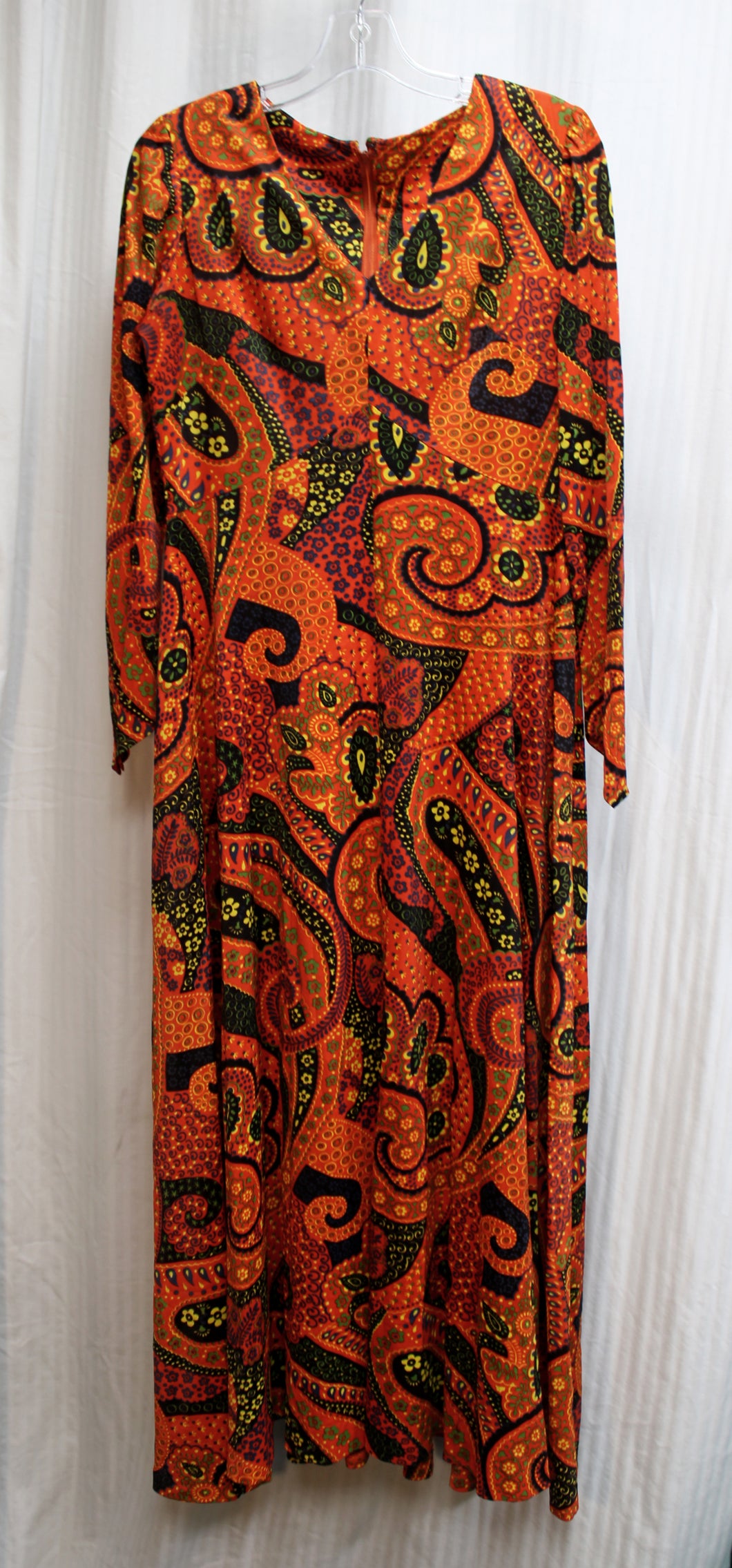 Vintage 70's - Long Sleeve, V-Neck Burnt Orange Bohemian Folk Print Paisley Maxi Dress - See Measurements 30.5