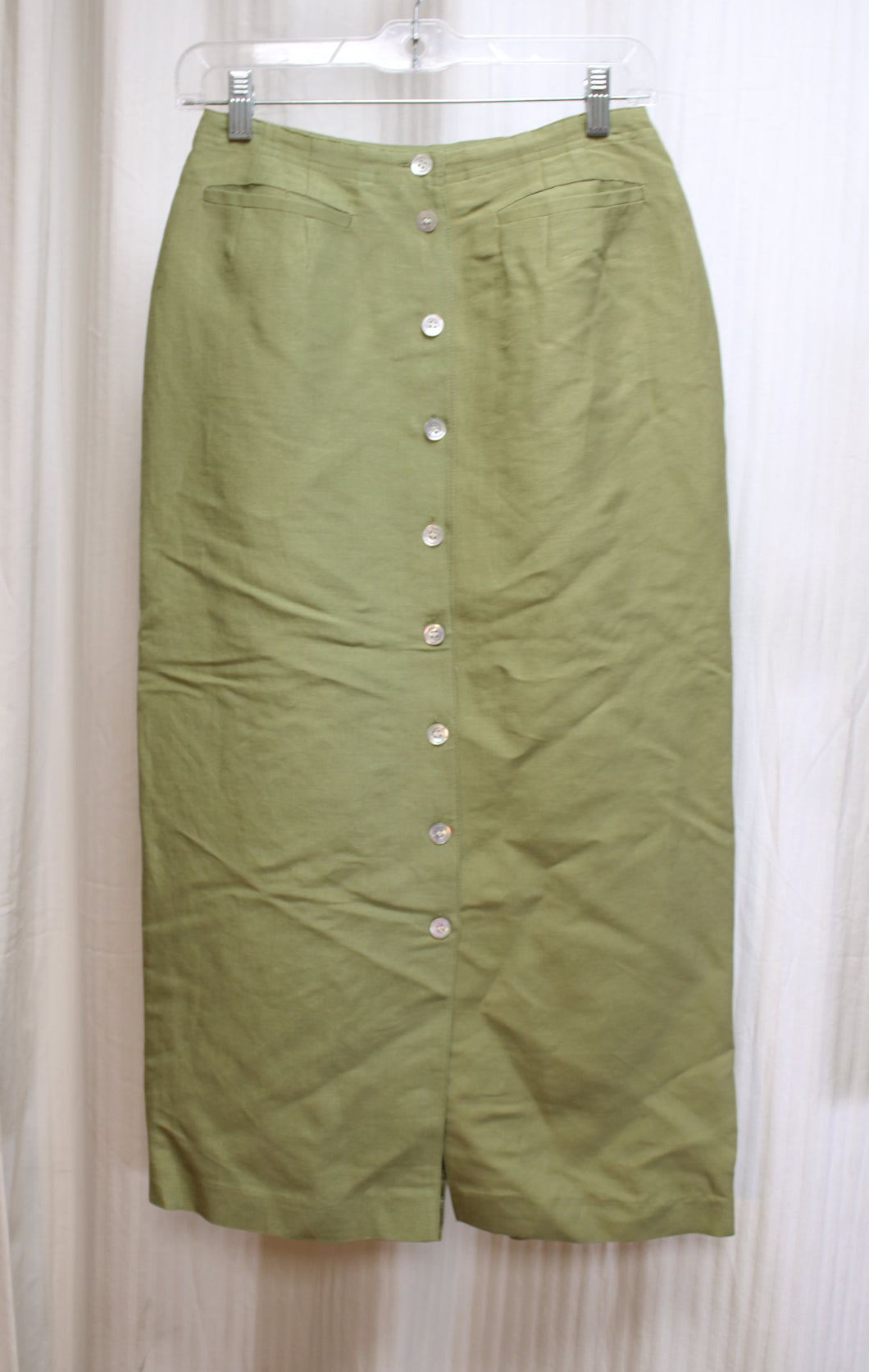 Emma James (Liz Claiborne) -Khaki Green,  Linen Blend Shell Button Front Skirt - Size 6 PETITE