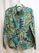 Load image into Gallery viewer, Zenergy by Chico&#39;s - Lightweight Blues, Greens &amp; Browns Botanical Tropical Print Zip Front Jacket - Size 2 (Chico&#39;s Sizing = L/12)