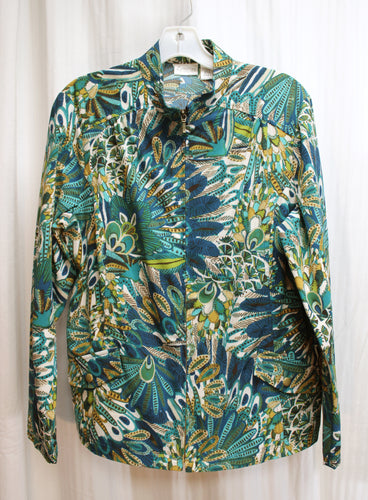 Zenergy by Chico's - Lightweight Blues, Greens & Browns Botanical Tropical Print Zip Front Jacket - Size 2 (Chico's Sizing = L/12)