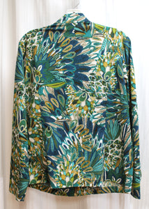 Zenergy by Chico's - Lightweight Blues, Greens & Browns Botanical Tropical Print Zip Front Jacket - Size 2 (Chico's Sizing = L/12)