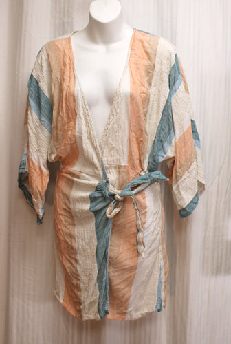 L Space - Natural, Peaches & Blues Dolman Sleeve Wrap Tie Waist Coverup /Cardigan - Size XS