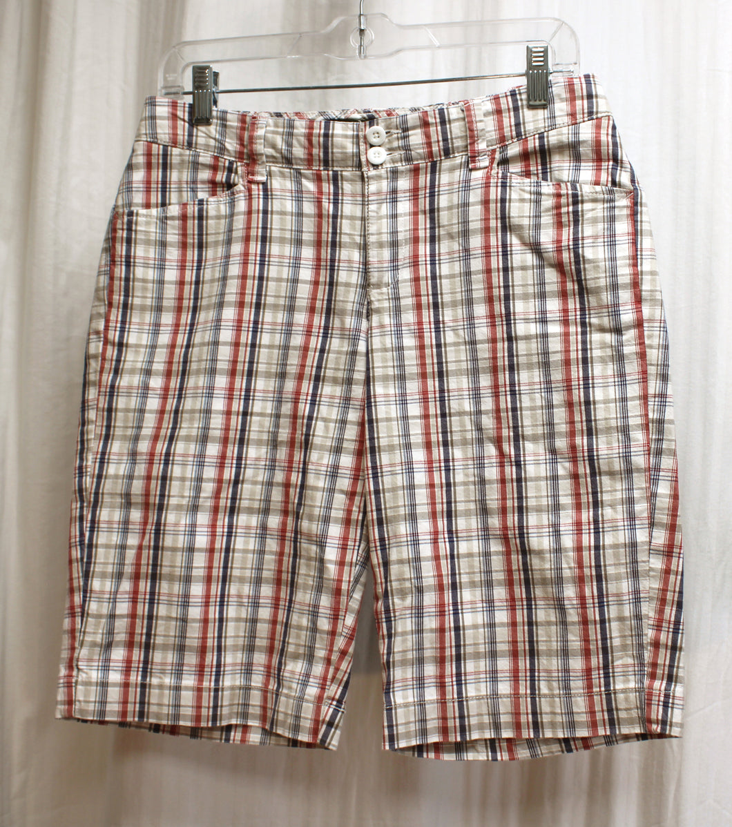 Eddie Bauer - White, Taupe, Blue & Red Plaid Bermuda Shorts - Size 2