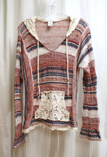 American Rag Cie - Multicolor Knit Baha Pullover w/ Crocheted Lace Hood & Kangaroo Pocket - Size M