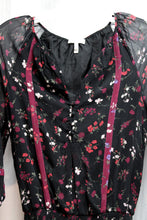 Load image into Gallery viewer, Joie - Black Sheer Over Lining, 3/4th Sleeve Black Floral Elastic Waist Mini Dress - Size XXS