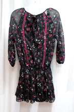 Load image into Gallery viewer, Joie - Black Sheer Over Lining, 3/4th Sleeve Black Floral Elastic Waist Mini Dress - Size XXS