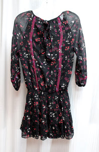 Joie - Black Sheer Over Lining, 3/4th Sleeve Black Floral Elastic Waist Mini Dress - Size XXS