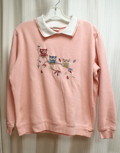 Vintage 80's - Adrian Delafield - Pink Preppy Collared Pullover Sweatshirt w/ Adorable Embroidered Owls - Size L