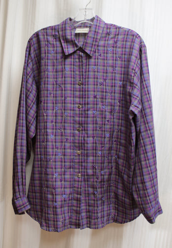Vintage- Napa Valley - Purple & Gray Plaid Delicately Floral Embroidered Button Up Shirt - Size L