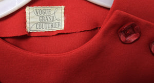 Vintage 1960's - Vogue Grand Couturier - Red Sleeveless Mod Dress w/ Shoulder Button Detail - See Measurements 28" Waist