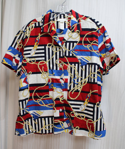 Vintage- Jones New York - Short Sleeve Nautical Print Linen Blend Button Front Shirt - Size L
