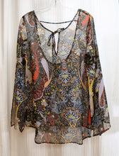 Load image into Gallery viewer, Tramp - Black Boho Paisley Sheer Low Scoop Back, Spilt Sleeve Top = Size M