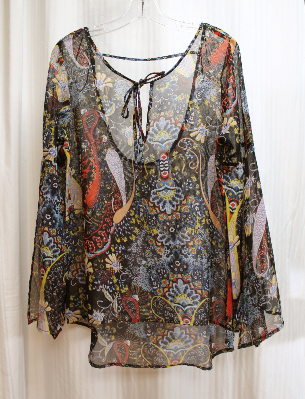 Tramp - Black Boho Paisley Sheer Low Scoop Back, Spilt Sleeve Top = Size M