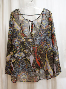 Tramp - Black Boho Paisley Sheer Low Scoop Back, Spilt Sleeve Top = Size M