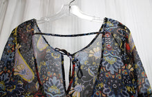 Load image into Gallery viewer, Tramp - Black Boho Paisley Sheer Low Scoop Back, Spilt Sleeve Top = Size M