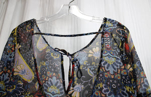 Tramp - Black Boho Paisley Sheer Low Scoop Back, Spilt Sleeve Top = Size M