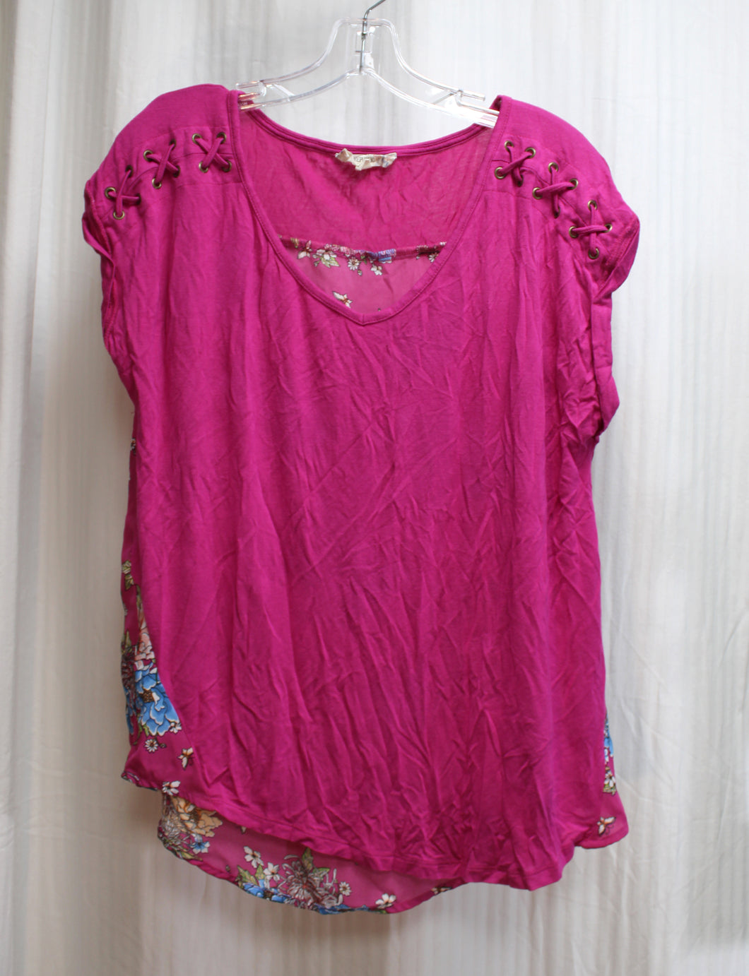 Pink Republic - Magenta Pink, Laced Shoulder Detail, Semi Sheer Floral Back Top - Size XL