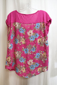 Pink Republic - Magenta Pink, Laced Shoulder Detail, Semi Sheer Floral Back Top - Size XL