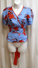 Load image into Gallery viewer, Diane Von Furstenberg - Blue &amp; Red Floral Short Sleeve, Long Sash, Silk Blend Wrap Blouse - Size 6