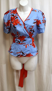 Diane Von Furstenberg - Blue & Red Floral Short Sleeve, Long Sash, Silk Blend Wrap Blouse - Size 6