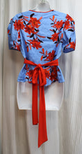 Load image into Gallery viewer, Diane Von Furstenberg - Blue &amp; Red Floral Short Sleeve, Long Sash, Silk Blend Wrap Blouse - Size 6