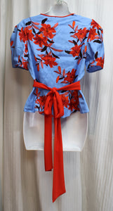 Diane Von Furstenberg - Blue & Red Floral Short Sleeve, Long Sash, Silk Blend Wrap Blouse - Size 6