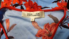 Load image into Gallery viewer, Diane Von Furstenberg - Blue &amp; Red Floral Short Sleeve, Long Sash, Silk Blend Wrap Blouse - Size 6