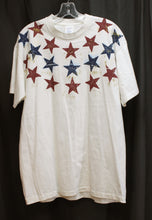 Load image into Gallery viewer, Vintage - Single Stitch, White w/ Red &amp;Blue Stars &amp; Metallic Gold Glitter- T shirt - Size L