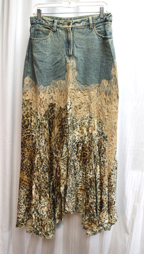 Vintage 90's/Y2K - Newport News, Jeanology - Acid Wash Denim, Lace & Leopard Velvet Maxi Skirt - Size 10