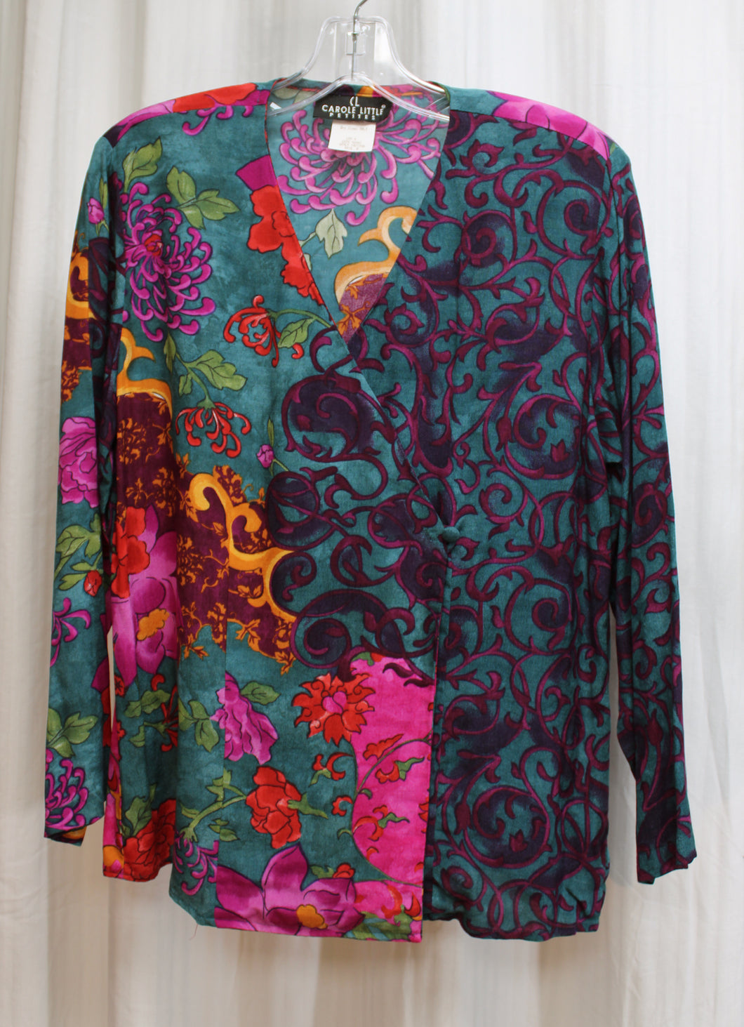 Vintage - Carole Little Petites - V Neck Wrap Front Filagree & Floral Wrap Front Blouse - Size 8