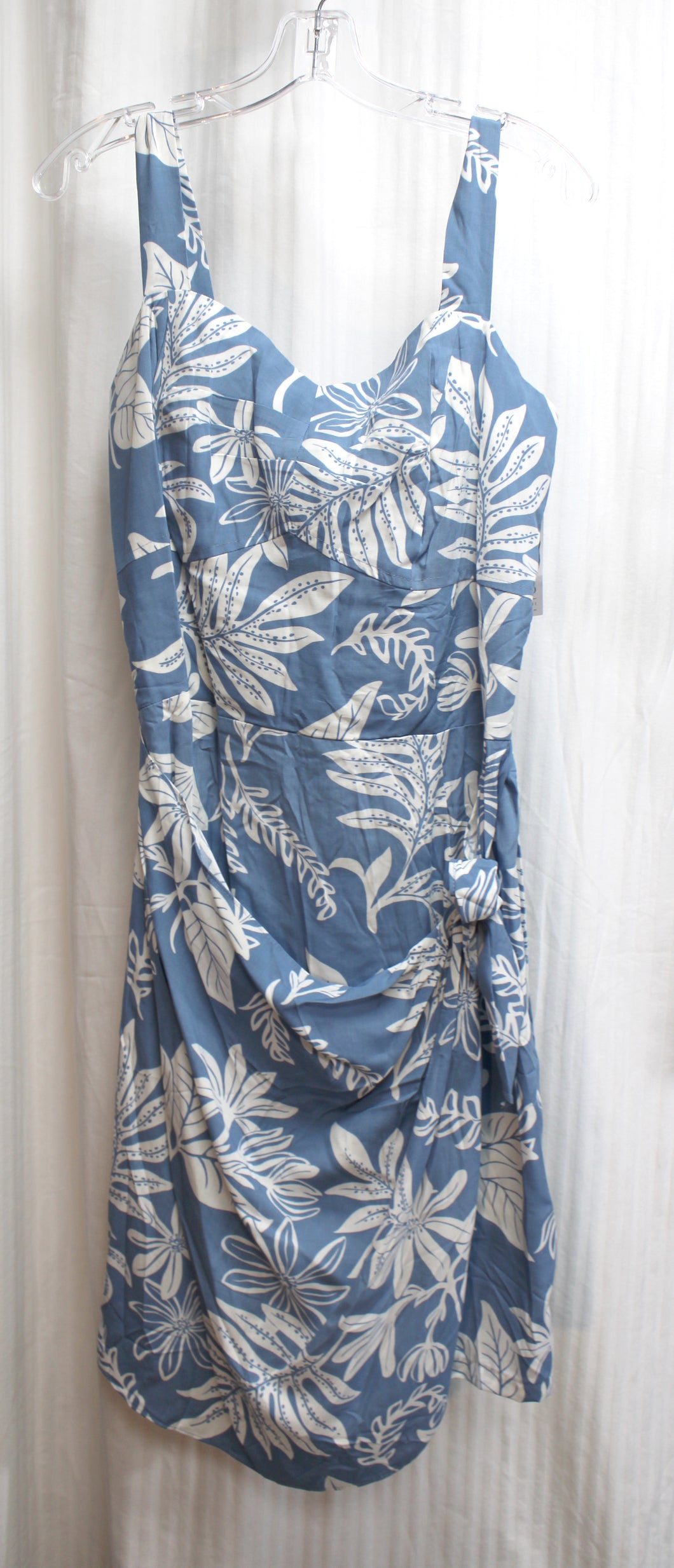 Vintage Deadstock w/ Tag) -Paradise Found -  Blue Gray & White Botanical Print Sleeveless Wrap Skirt Dress - Size XL