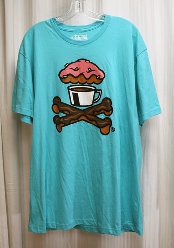 Johnny Cupcakes - Donut, Coffee, Bacon Crossbones- Aqua Blue T-Shirt - Size XL