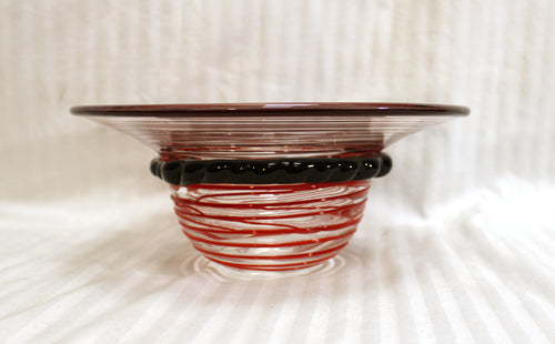 Hand Blown Art Glass Bowl, Clear, Black & Red. Hat Shaped