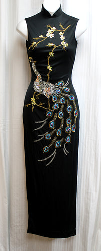 Vintage - Black Handmade, Sequined & Beaded Peacock Asian Style Dress w/ High Leg Slits - Size XS (Approx, See Measurements)