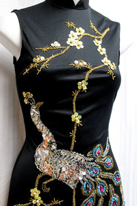 Vintage - Black Handmade, Sequined & Beaded Peacock Asian Style Dress w/ High Leg Slits - Size XS (Approx, See Measurements)