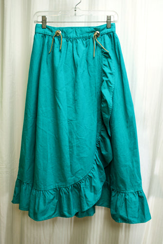 Vintage - Cherokee of California - Teal Twill Western Ruffle Wrap Skirt w/ Silver & Leather Concho Detail - Size 26