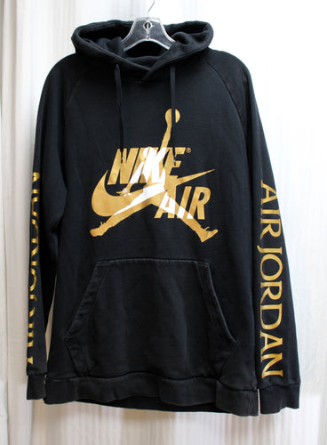 Nike Air Jordan - Black Pullover Hoodie w/ Gold Metallic Front & Sleeve Graphics - Size L