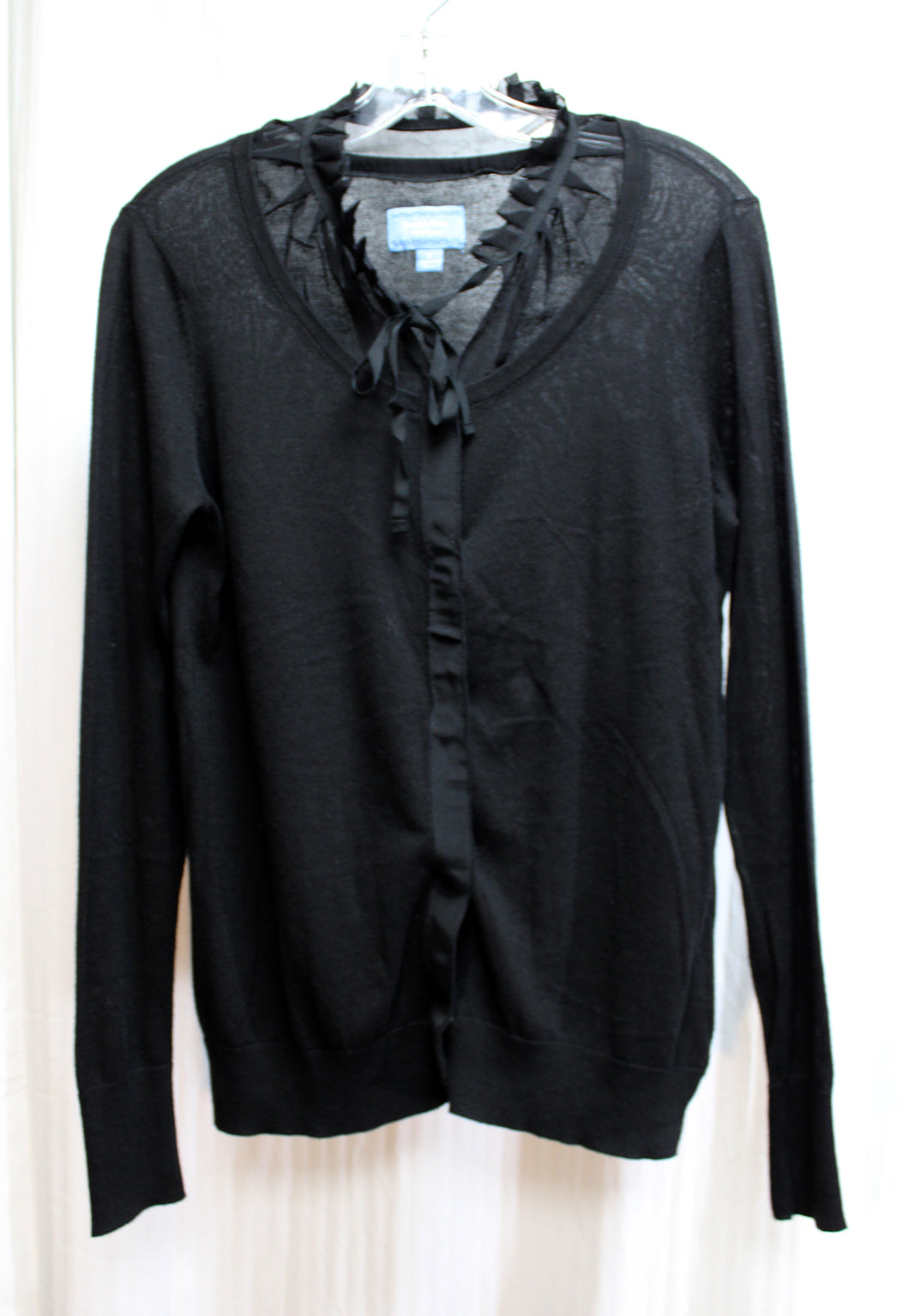 Simply Vera, Vera Wang - Black Lightweight Cardigan w/ Chiffon Ruffle Neckline Insert & Snap Front - Size S