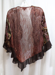 Dressbarn Collection -  Eggplant & Earth-tones Burnout Velvet & Lace w/ Metallic Fleck, Fairy Boho Chiffon Ruffle Cardigan - Size S