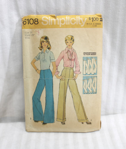 Vintage Simplicity  Sewing Pattern 6108, Misses Pants - Size 14 (vintage Sizing)