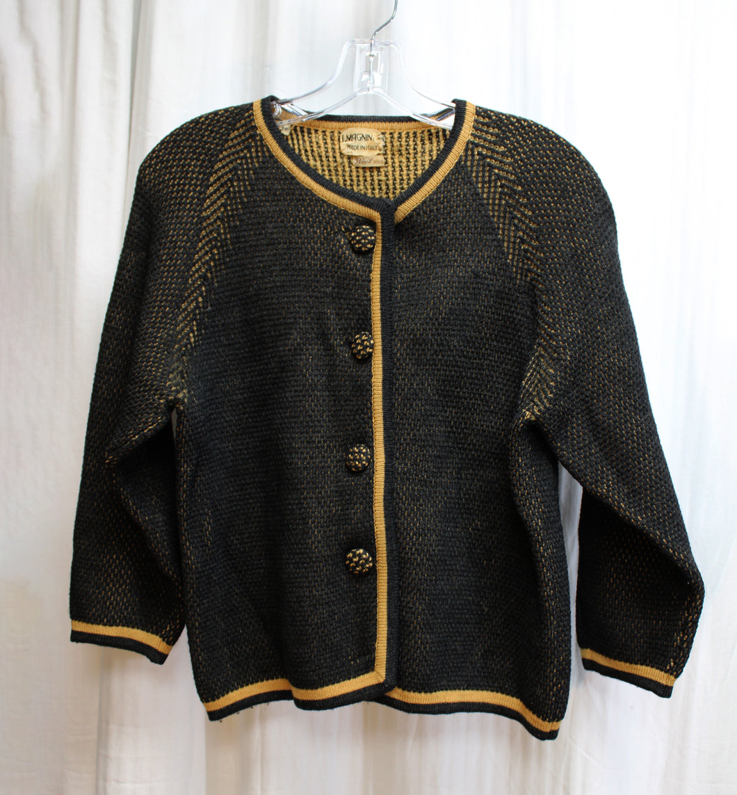 Vintage 1950's - I. Magnin & co. - Black & Tan 100% Wool Button Front 3/4th Sleeve Cardigan - See Measurements (18