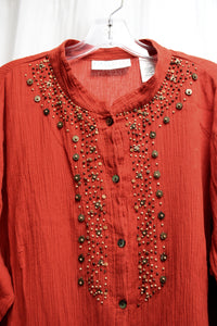 Vintage 90's - Liz Claiborne, First Issue - Burnt Orange, 3/4th Roll Tab Sleeve, Collarless, Button Front  Bohemian Top  - Size 2X