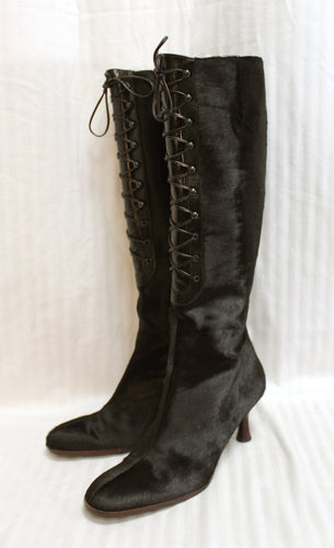 Charles Jourdan (Paris, France) Black Fur, Lace Up Front (Inner Side Zip) Spool Heel Knee Boots - Size 8M