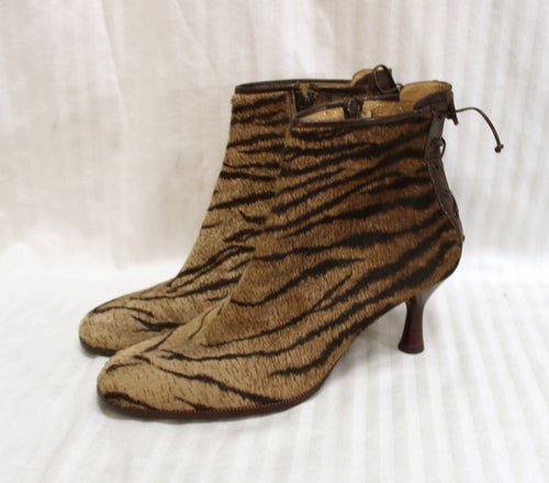 Charles Jourdan (Paris, France) - Brown Fur, Lace Up Back Spool Heel Ankle Boots - Size 8M