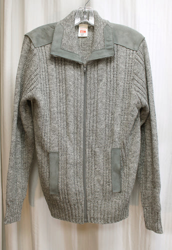 Men's Vintage - St Michael (UK) Gray Variegated Zip Front Sweater Jacket w/ Suede Detailing - Size 40