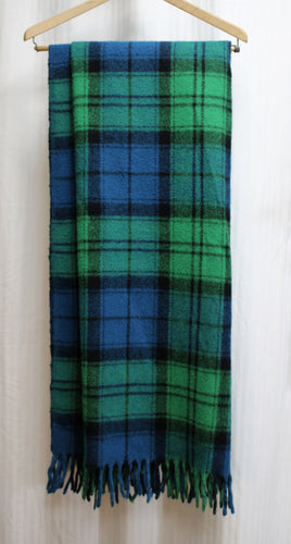 Vintage - Faribo, Fluff Loomed - Green, Blue & Black, Plaid Wool Throw Blanket - 64