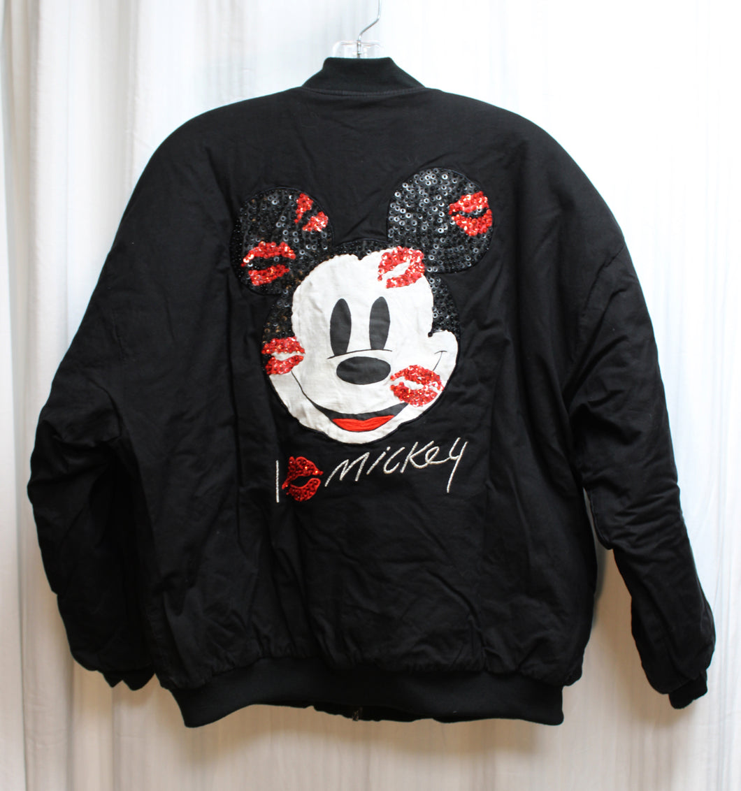 Mickey & Co. - Black w/ Applique & Sequins Kisses Mickey Mouse Bomber Jacket - Size L